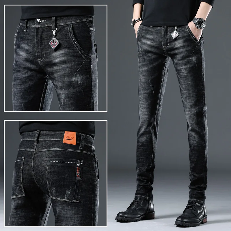 

Men’s High Quality Classic Business Jeans,Elastic&Washed Denim Pants,Straight Slim-fit Scratches Decors Fashion Casual Jeans;