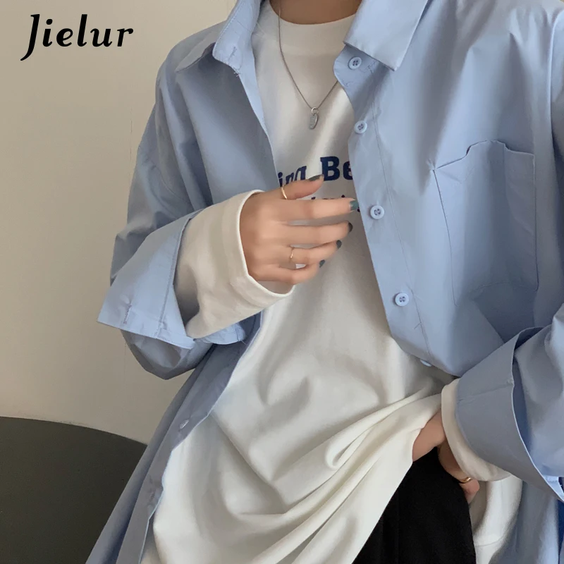 Jielur Fashion Tops Women\'s Shirt Chic Turn-down Collar Shirt Long Sleeve Yellow White Pink Blue Blouse Hipster Korean Spring