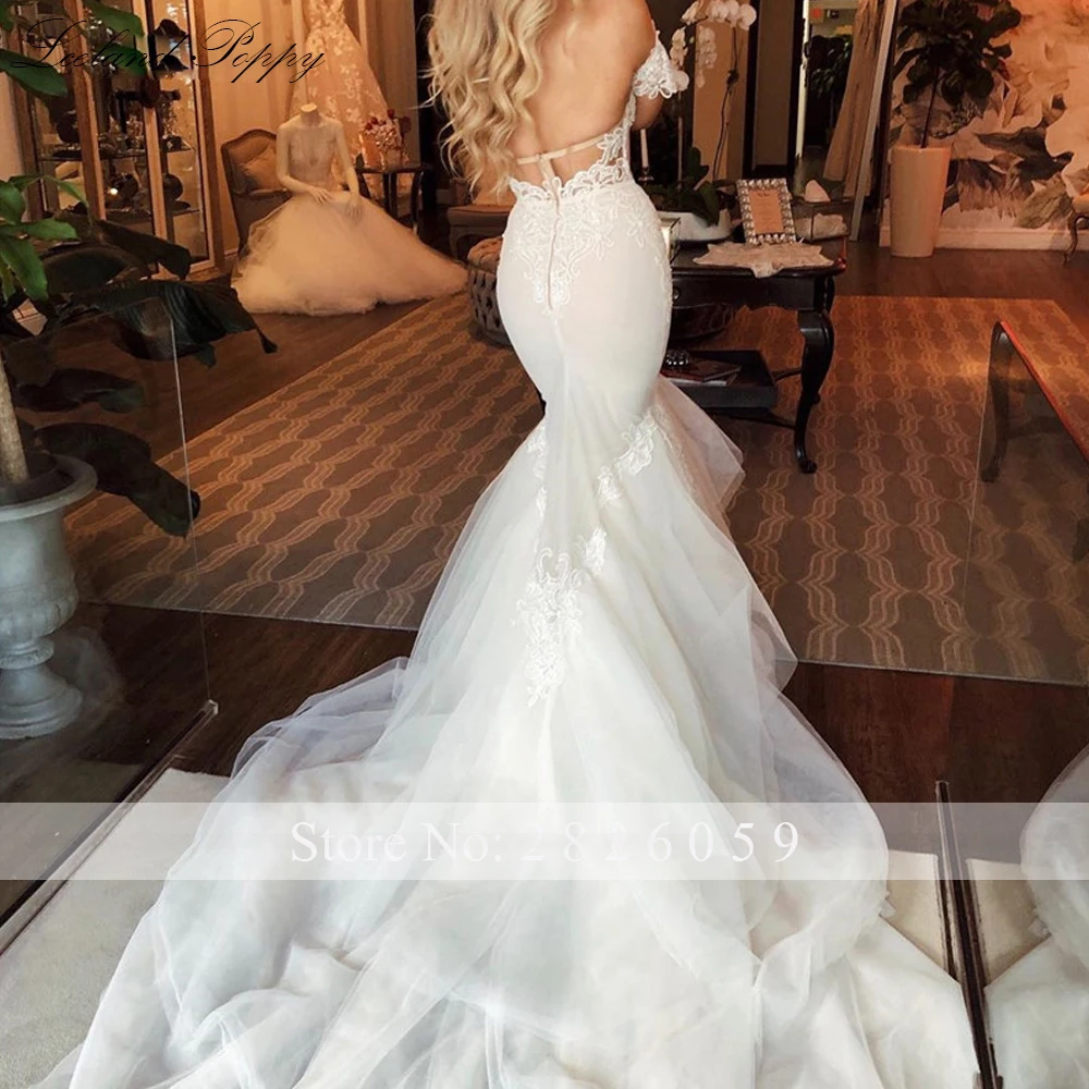 Lceland Poppy Customized Mermaid Illusion Wedding Dresses Strapless Lace Appliques Floor Length Bridal Gowns