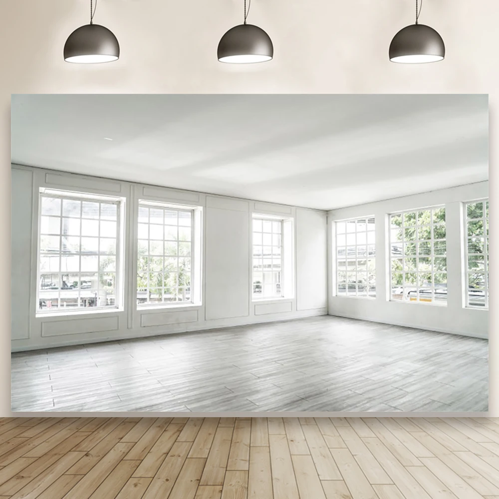 Laeacco Gray White Living Room Office Empty Wooden Floor 3D Pattern Interior Photo Background Photographic Backdrop Photostudio