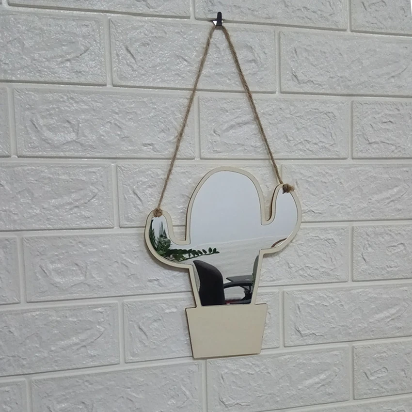 Espelho decorativo acrílico de madeira da vaidade do espelho da parede do cacto com corda de suspensão, espelho dos desenhos animados das crianças para o quarto, decoração de casa