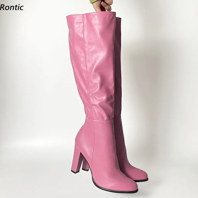 

Rontic Wide Leg Customized Women Winter Knee Boots Chunky Heeled Round Toe Gorgeous Pink Red White Casual Shoes US Size 5-20