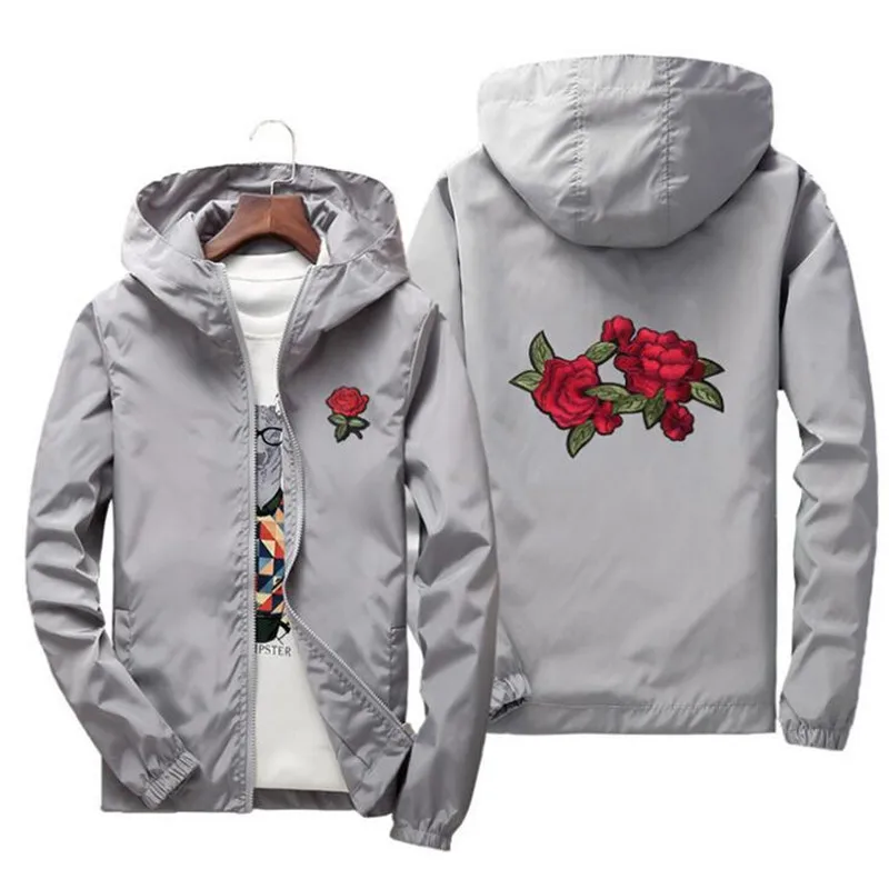 

Embroidery Rose Flower Windbreaker Jacket Men /Women Big Size S-7XL Hooded bomber jacket Skin Mens Jackets jaqueta masculina