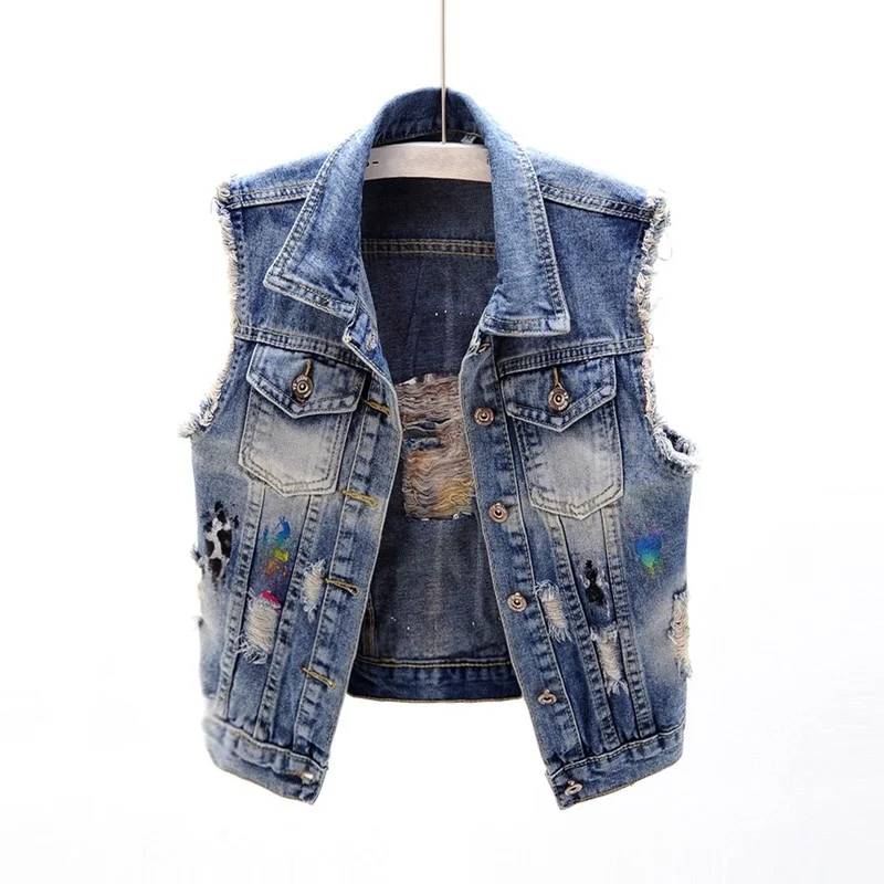 

Printed Fashion Ripped Hole Denim Vest Women Summer Short Waistcoat Vintage Blue Tassel Single Breasted Sleeveless Jacket Female