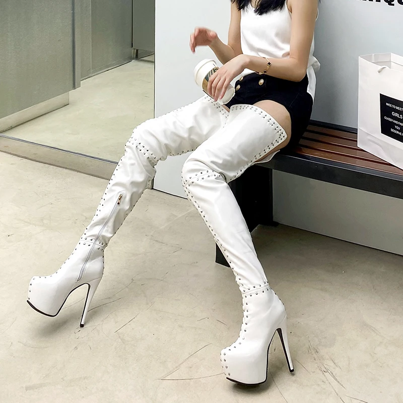 Sgesvier Women Thigh High Boots Sexy Studded Stiletto Heels Round Toe White Black Club Wear Shoes Women Over The Knee Boots