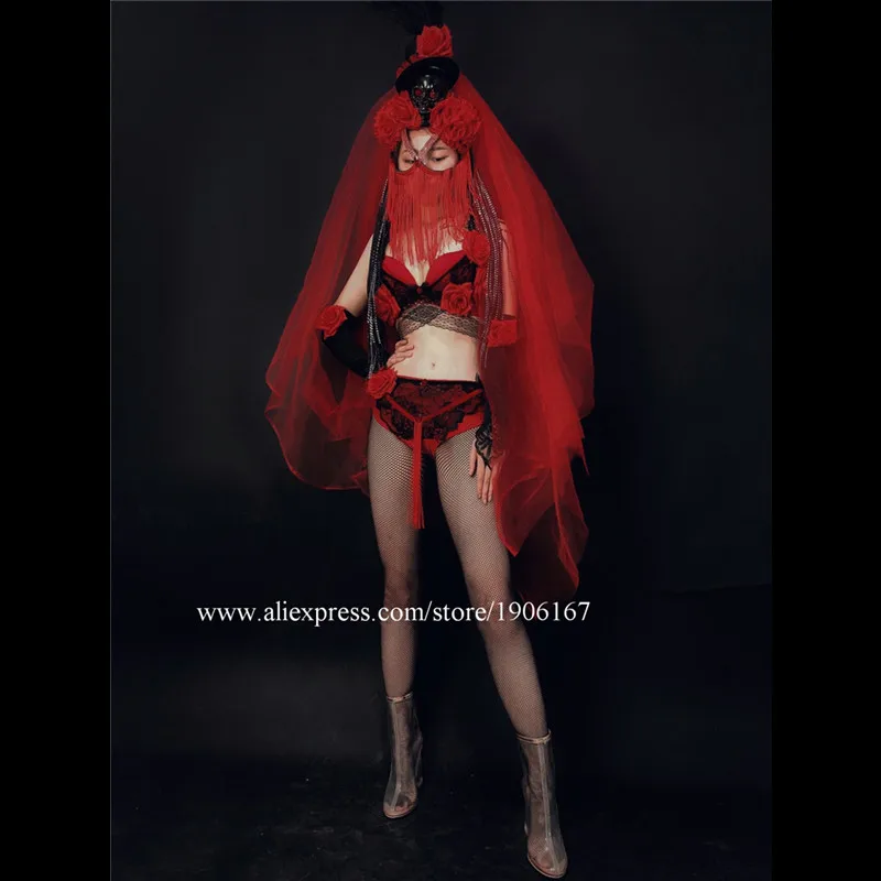 Sexy Lady Red Bikini Bra Suit Skull Headwear Stage Performance Ballroom Costume Halloween Cosplay DS DJ Men Clothes