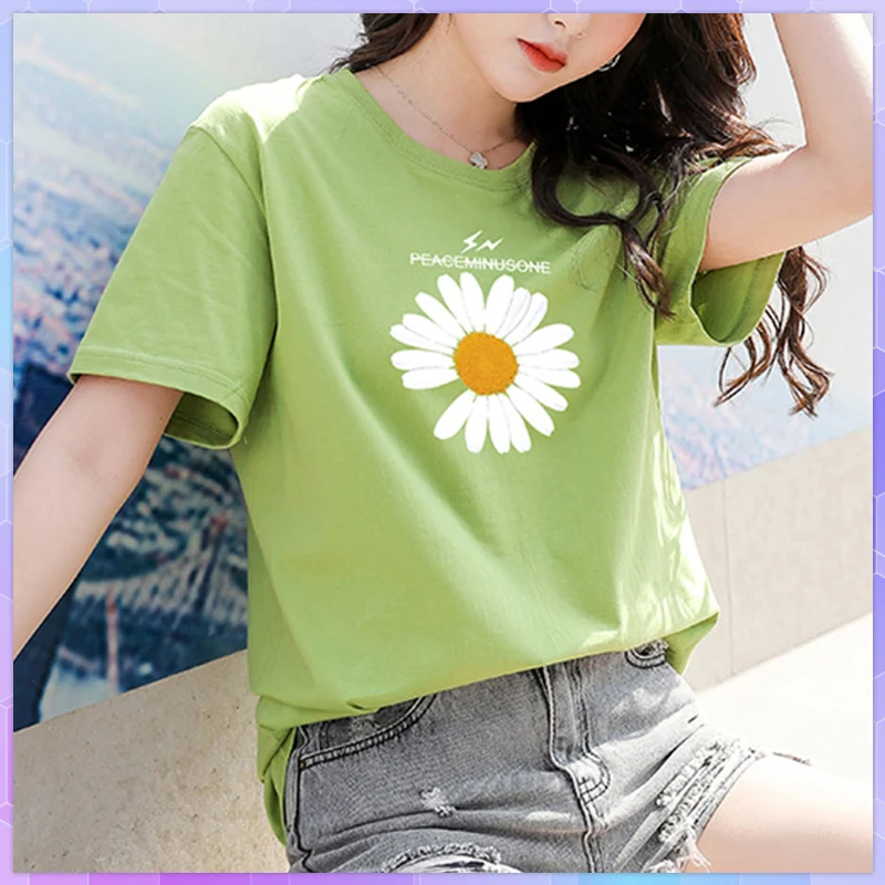 korean Flowers Women T-shirt 2021 Summer Short-sleeved Tee shirt Femme Simple Loose Cotton Tshirt  Daisy White Top Plus Size