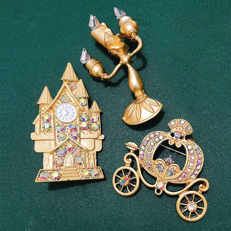 Muylinda Golden Rhinestones Enamel Cartoon Fairy Tale Brooches Candlestick Pins\Pumpkin Carriage\Deformed Clock Pins for Women