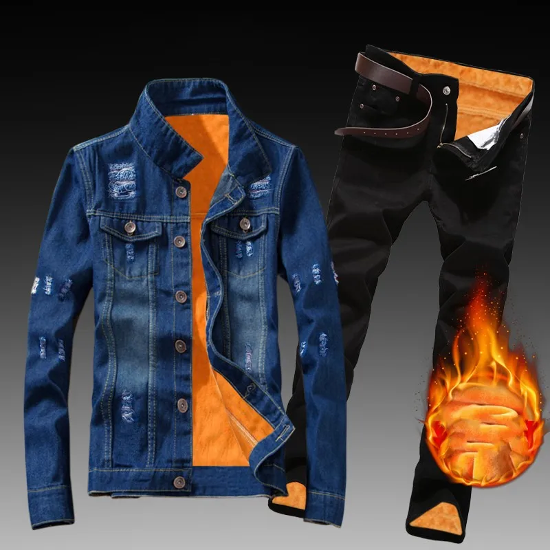 Winter Men Fleece Lining Thick Warm Denim Two Piece Set Slim Fit Cowbody Jacket Jeans Suit Safari Style Cargo Pants Matching Set