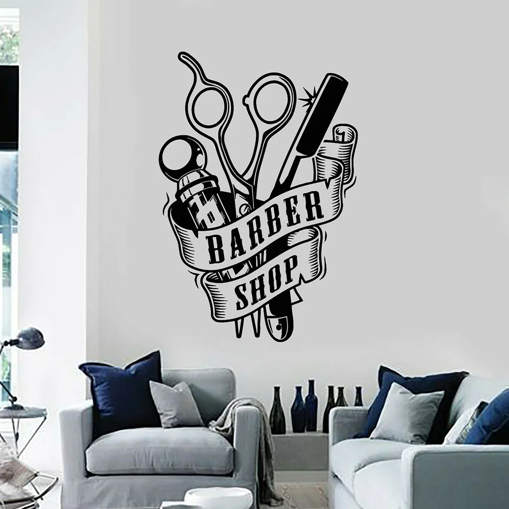 Haircuts Shaves Barber Shop Tools Men Hairstyle Wall Stickers Vinyl Wall Decal Shaves Service Man Haircut Barbershop Stickers