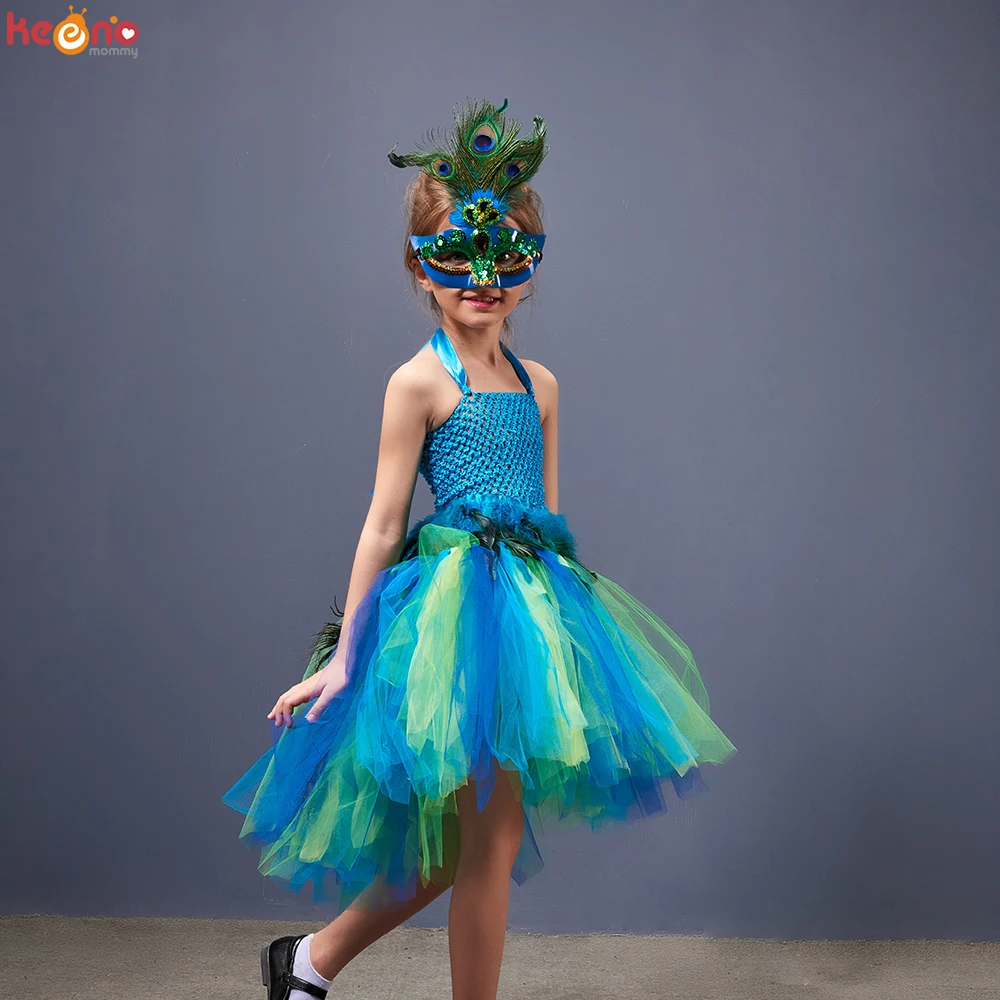 

Peacock Princess Girls Tutu Dress with Mask Kids Birthday Party Halloween Fancy Dresses Baby Purim Carnival Disguise Costume