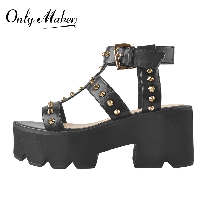 

Onlymaker Women Summer Chunky Heel Platform Sandals Ankle Buckle Metal Rivet Matte Black Soft PU Leather Large Size Sandals