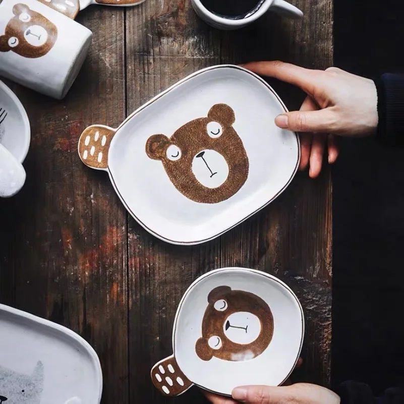 

Breakfast Bowl Platos Handmade Tableware Pottery тарелки для еды тарелки Hand-Painted Animal Plate Dim Sum Lovely Cup