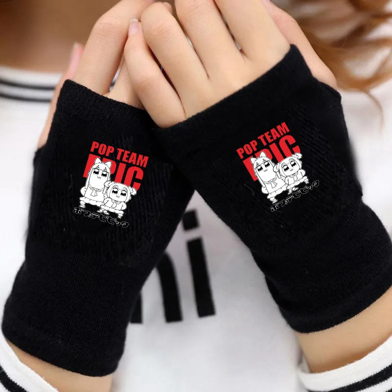 Anime Pop Team Epic Gloves Warm Winter Fingerless Cartoon Half Finger Knitted Black Warm Thick Gloves Costumes Accessories