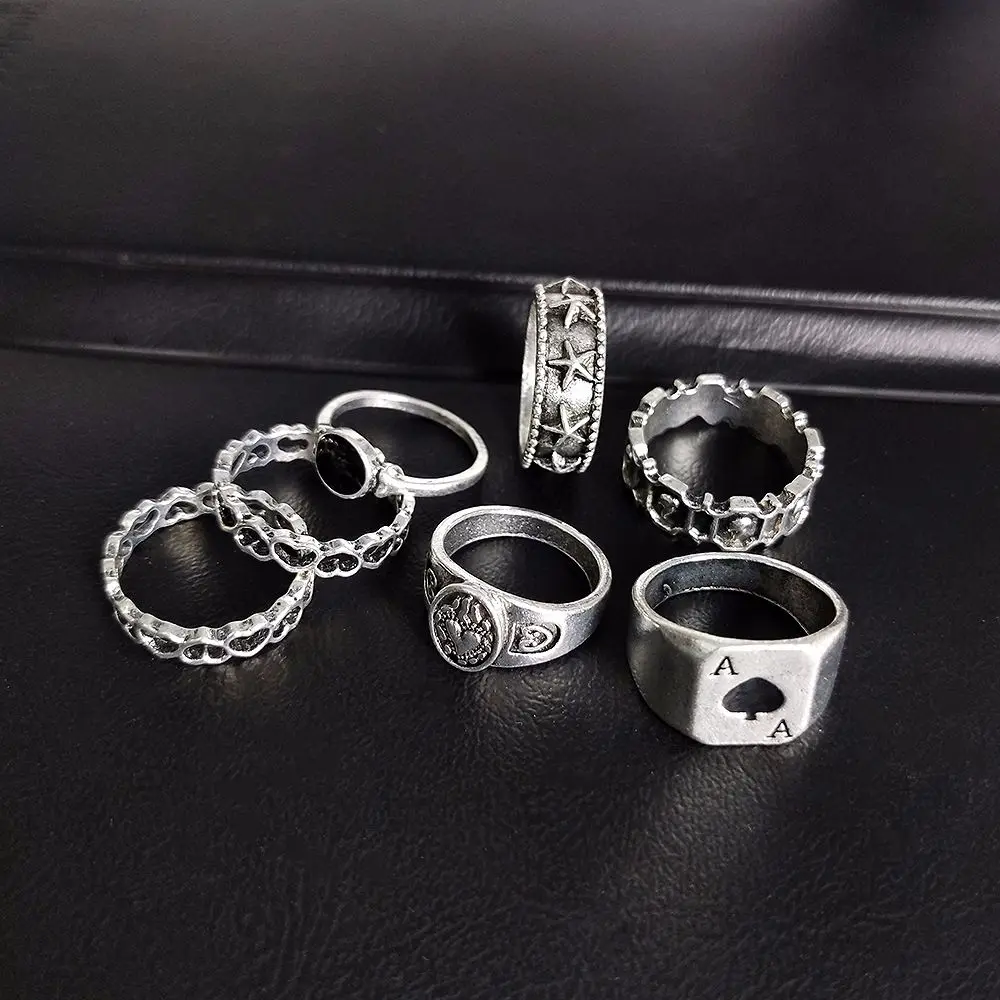 7 pcs Korean version of men's trend metal ring set simple ins wind cool handsome men's geometric shape spades A ring accessories