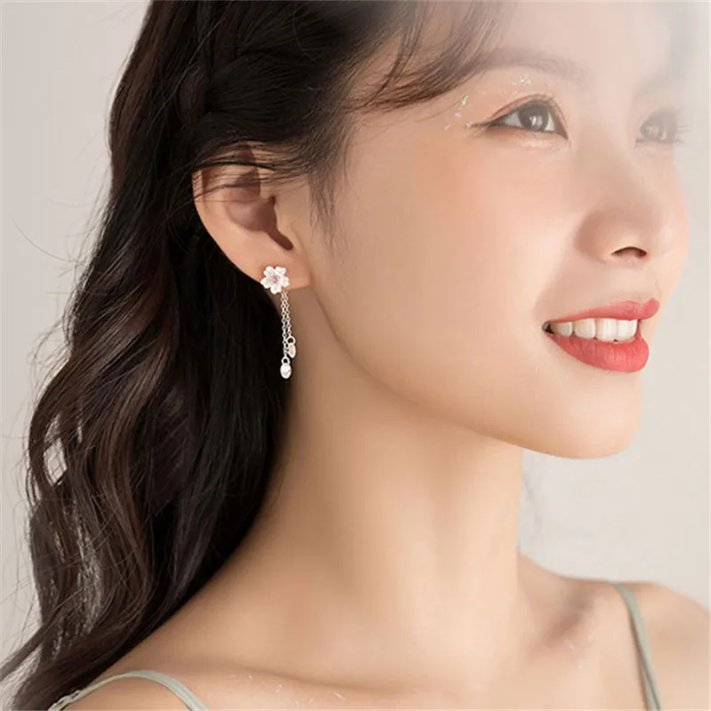 925 Sterling Silver Tassel Chain Cherry Blossoms Drop Earrings For Women Girls Wedding Elegant Korean Party Jewelry gift