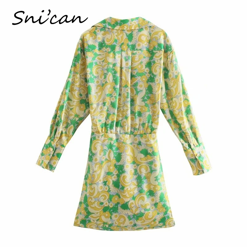 Green Floral Knots Short Dress Za Women 2021 Spring Summer Vintage Long Sleeve Asymmetrical Mini Robes Femme Vestidos Cortos