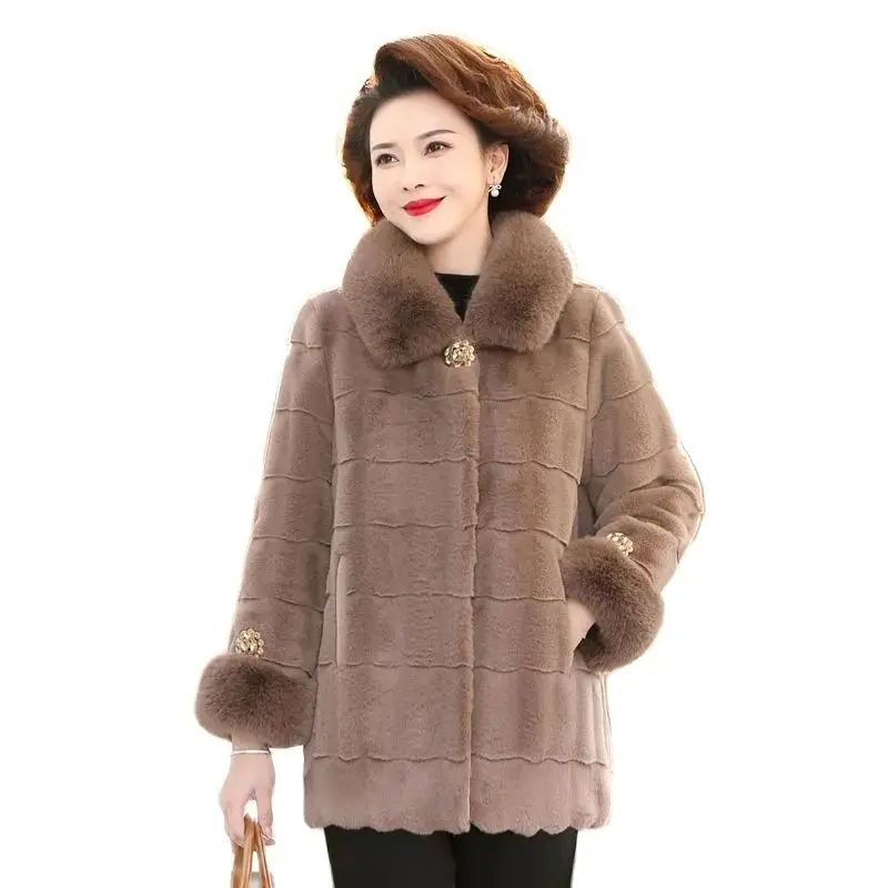 High-End Mother's Jacket Winter Imitation Mink Velvet Mid-Length Western Woolen Coat 2023 Middle-Aged Women's  Trench Coat M443