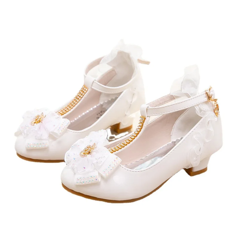 3 5 12 Year Fashion Crystal Bow High-Heel Shoe Child Girl White Wedding Princess Dress Shoes For Dance Kids Spring Party Leather