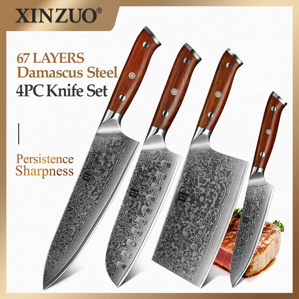 

XINZUO 4PCS Kitchen Knife Set Damascus Steel Kitchen Knives Set Stainless Steel Chef Utility Multitool Knife Rosewood Handle