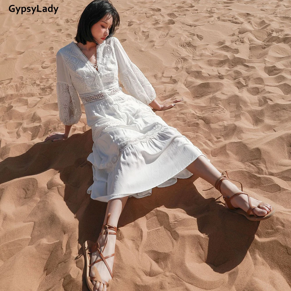 Abito lungo con ricamo floreale GypsyLady abito da festa estivo bianco in pizzo di cotone 100% scava fuori abiti da donna Sexy Chic Boho trasparenti