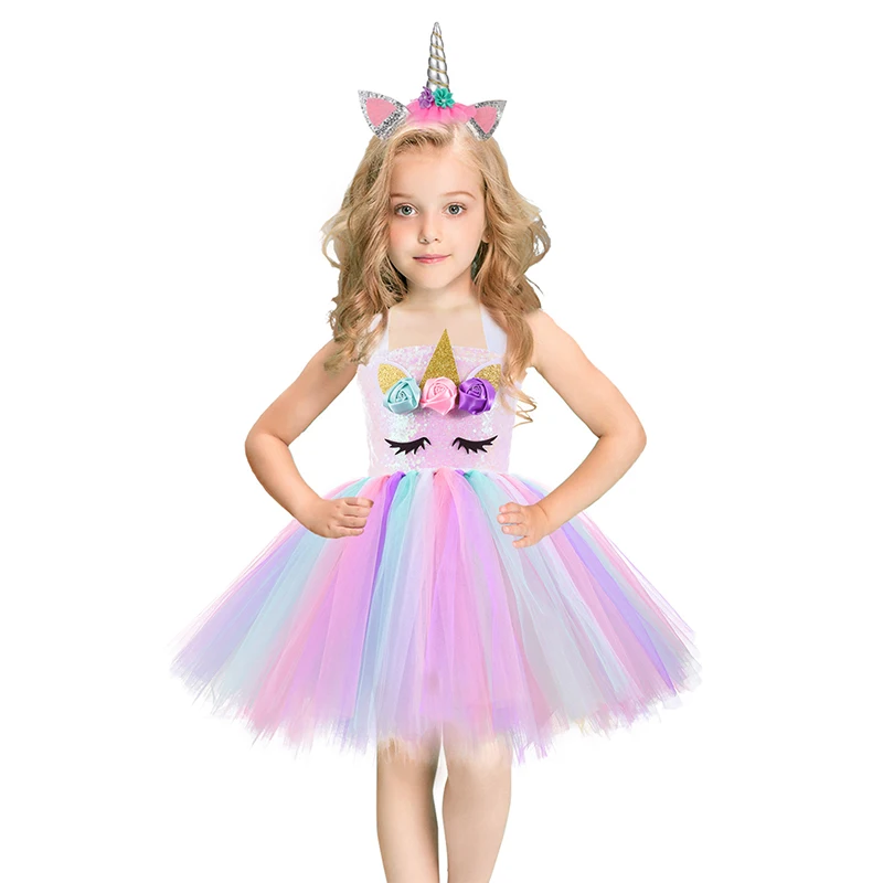 Cosplay Unicorn Girls Dress Cute Cartoon Summer Mesh Princess Dress Birthday Party 2 3 4 5 6 7 8 Years Kids Clothes