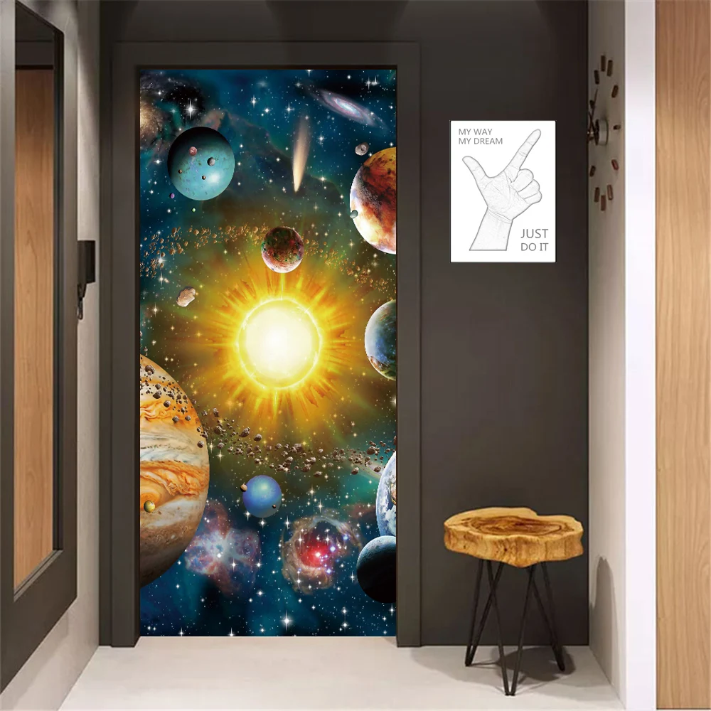 Super Cool Children Bedroom Decorative Door Sticker Solar System Celestial Body Moon Beautiful Outer Space Kids Room Wall Decals