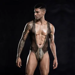 Mens Bodysuit Lingerie Erotic Porno Costumes Sex Harness Belt Clubwear Mesh Leotard Penis Pouch Undershirts Wrestling Singlet