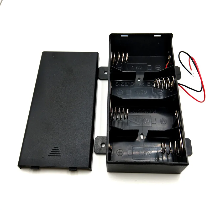 

500pcs/lot Spring Clip 4 x 1.5V D Size Battery Holder Storage Box Case 4 Slots 6V Batteries Shell Cover With Wire Leads