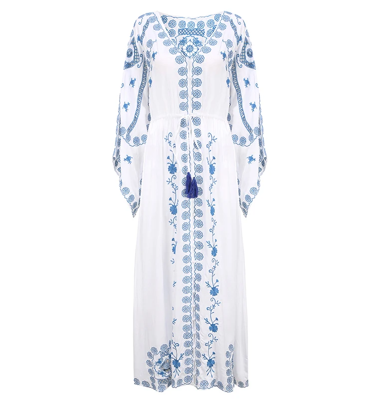 TEELYNN Women Hollow Floral Embroidery Long Sleeve Strap Maxi Dress White Vintage V Neck  Vestidos Boho Beach Ladies Dress Robe