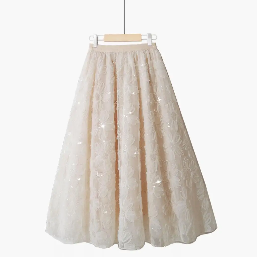 Luxury Woman Skirts 2021 Korean style Fashion Elastic Waist Appliques Embroidery Floral Mesh Skirt Long Gauze Ball Gown Skirt