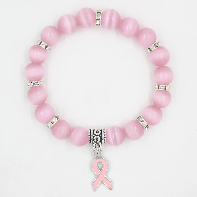 New Arrival Breast Cancer Awareness Jewelry White Pink Opal Beaded Bracelet Breast Cancer Pink Ribbon Charm Bracelets&Bangles