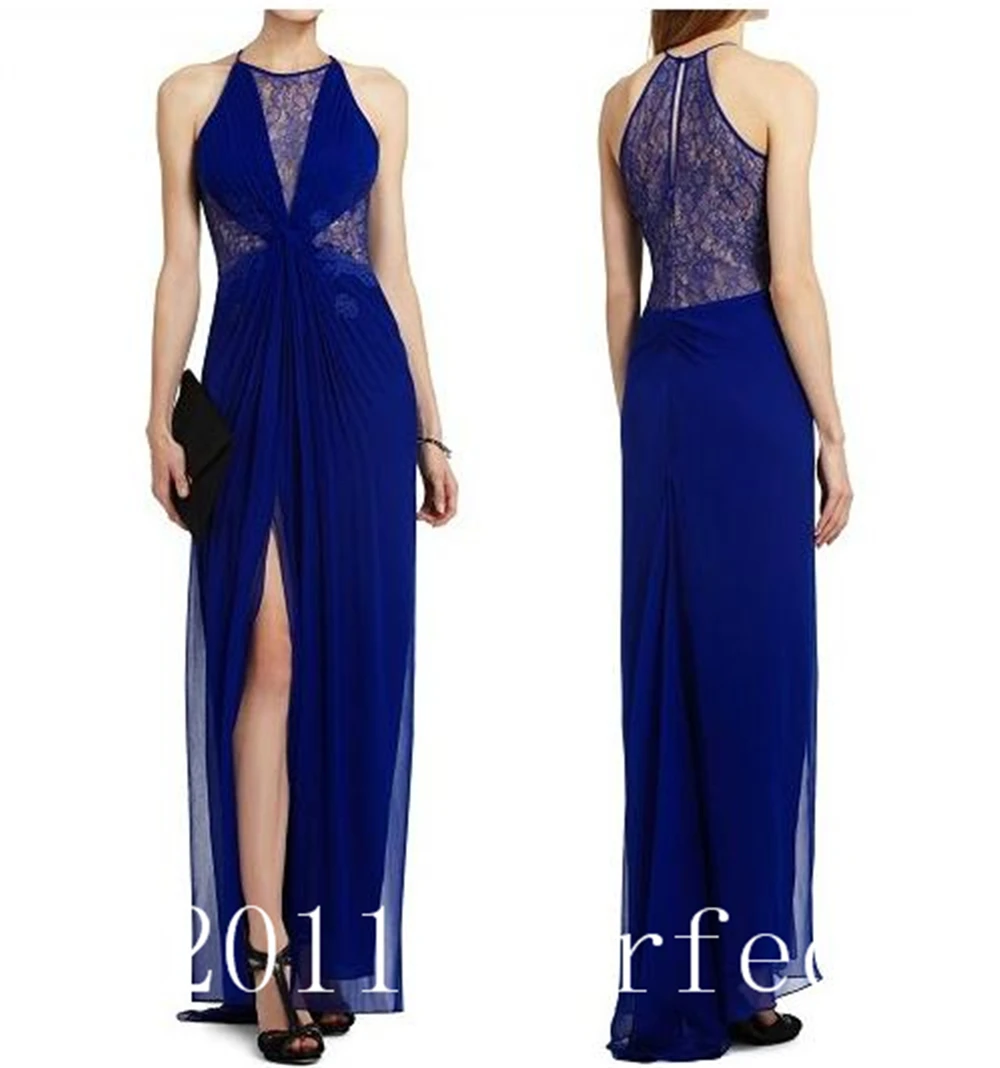 2021 abiti da ballo Sexy blu navy con abiti da sera in pizzo chiffon con spacco alto per abito formale da festa di nozze