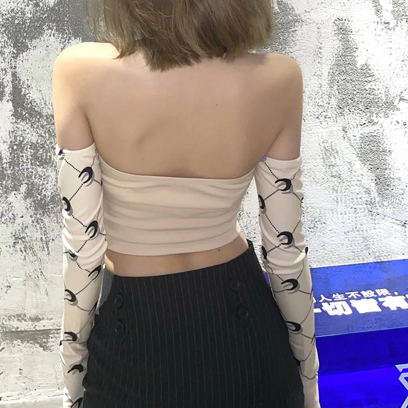 Karrram 2021 Women Top Moon Print Bandage Bustier Crop Tops Chain Halter T Shirt Off Shoulder Long Sleeve Patchwork Slim T-shirt