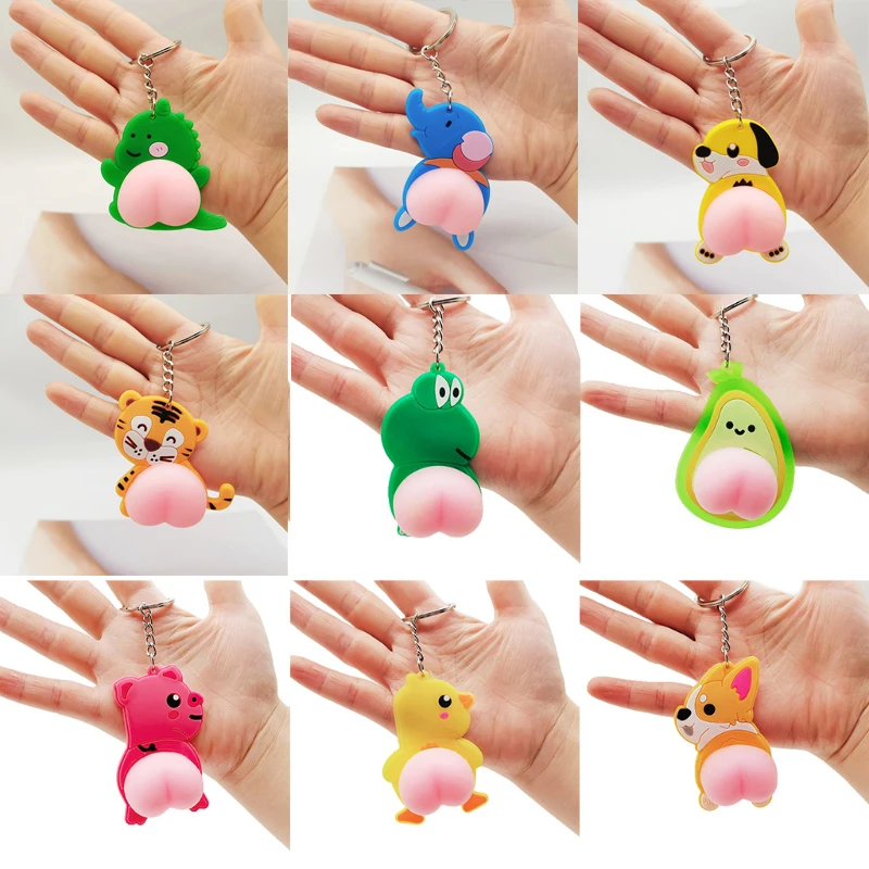 Squeeze Butt Key Ring Fidget Butt Doll Cartoon Mini Keychain Squishy Ball Novelty Gift Car Key Ring Student School Bag Pendant