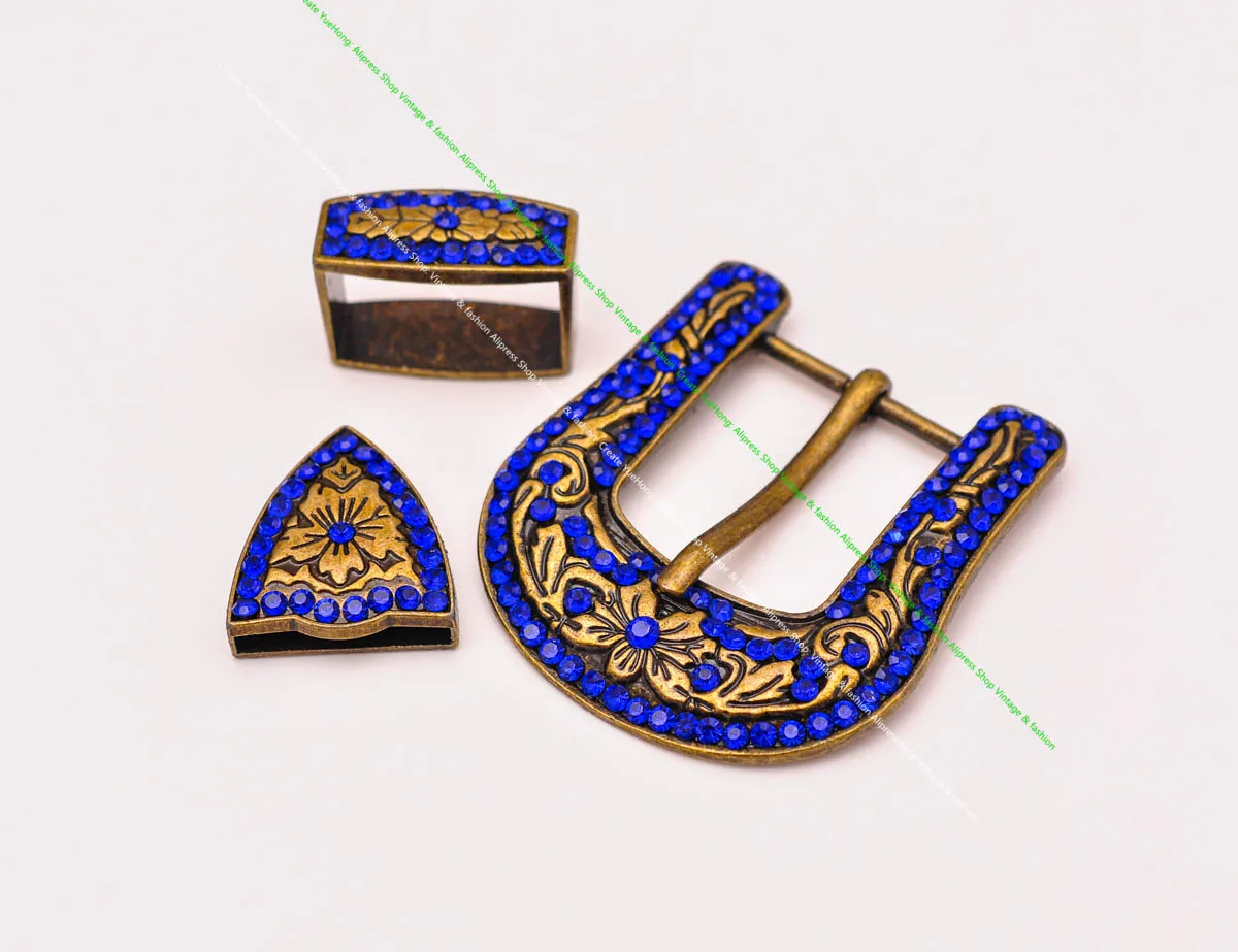 Bling Antique Brass Western Cowboy Rodeo 3PCS Set Floral Embossed Replacement Blue Rhinestone Crystal Belt Buckle Fit 30mm Strap