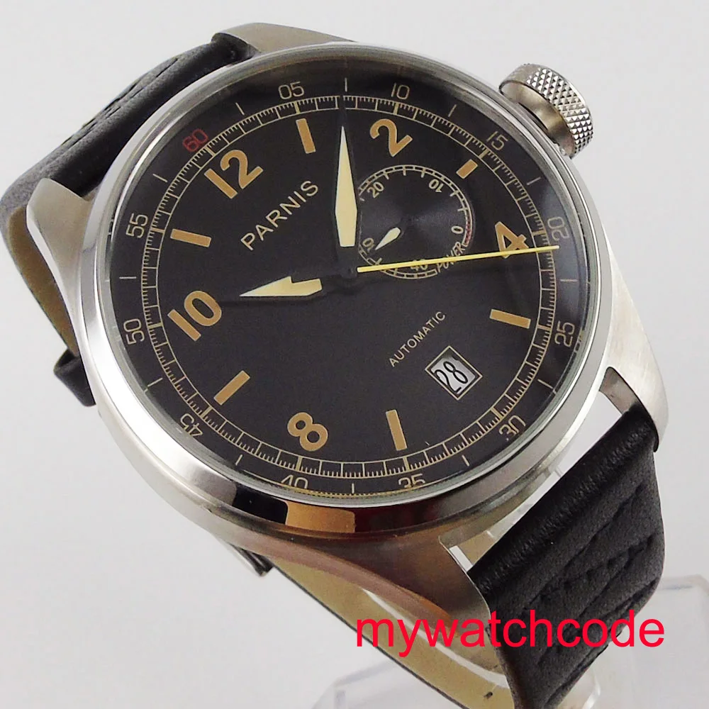48mm Parnis 블랙 다이얼 가죽 스트랩, 파워 eserve 스테인레스 스틸 케이스, 항저우 자동 무브먼트, 남성용 시계