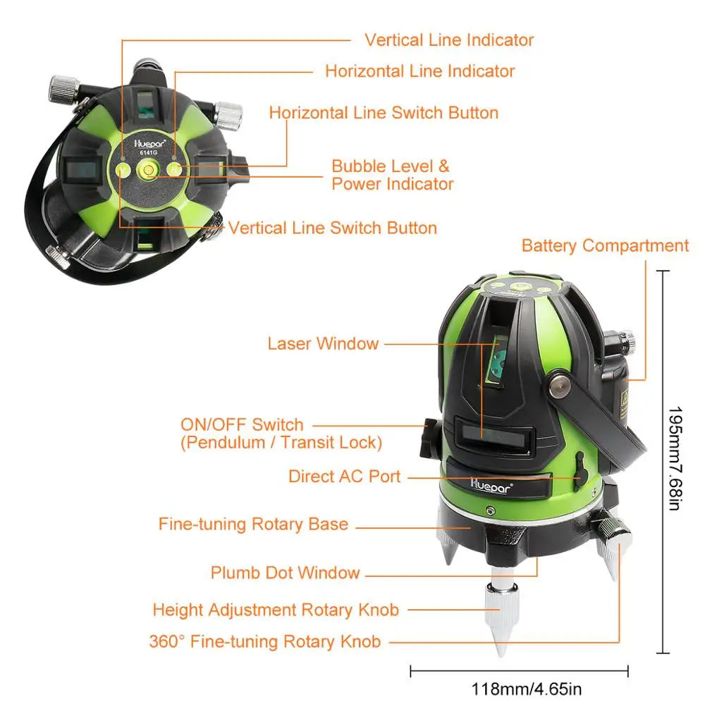 Huepar Green Beam Multi - Line Laser Level -Four Verticals and One Horizontal Line with Down Plumb Dot Self-leveling Laser Tool