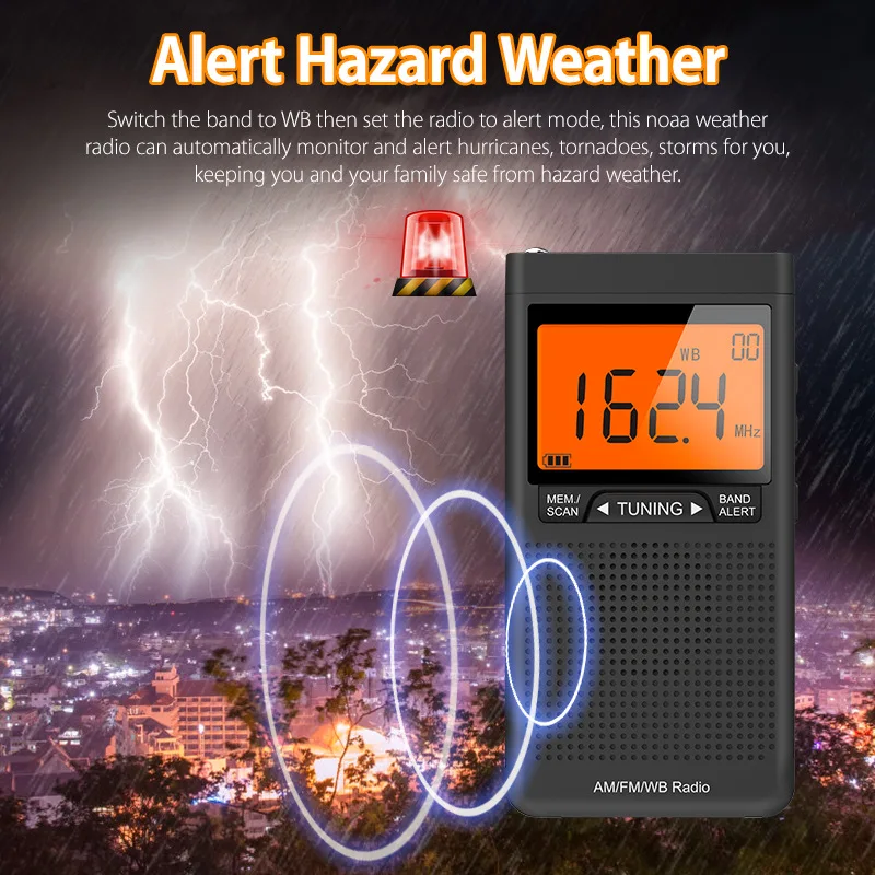 FM AM NOAA Emergency Pocket Radio Portable Weather Radio With Weather Warning Alarm Clock Auto-Search Channels Mini Hand Radio