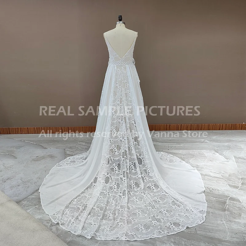 Lange Zug Spaghetti-trägern Chiffon Hochzeit Kleid Große Größen Nach Maß Boho Criss-cross Strand Elopement Spitze Brautkleider