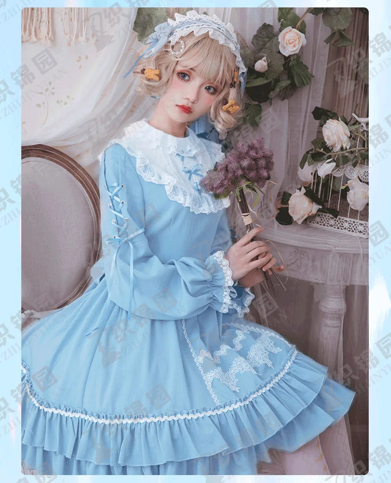 Preppy style student princess tea party sweet lolita dress vintage lace bowknot high waist victorian dress kawaii girl op dress