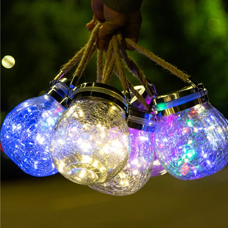 Solar Bottle Lamp Hemp Rope Hanging Lamp Outdoor Waterproof Balcony Terrace Garden Tree Light String Chandelier Glass Crack Lamp