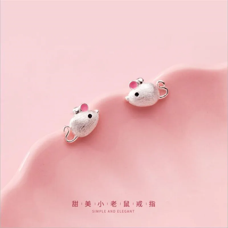 New Fresh And lovely Lady Pink Ears Small Mouse 925 Sterling Silver Jewelry Personality Animal Exquisite Stud Earrings   E053