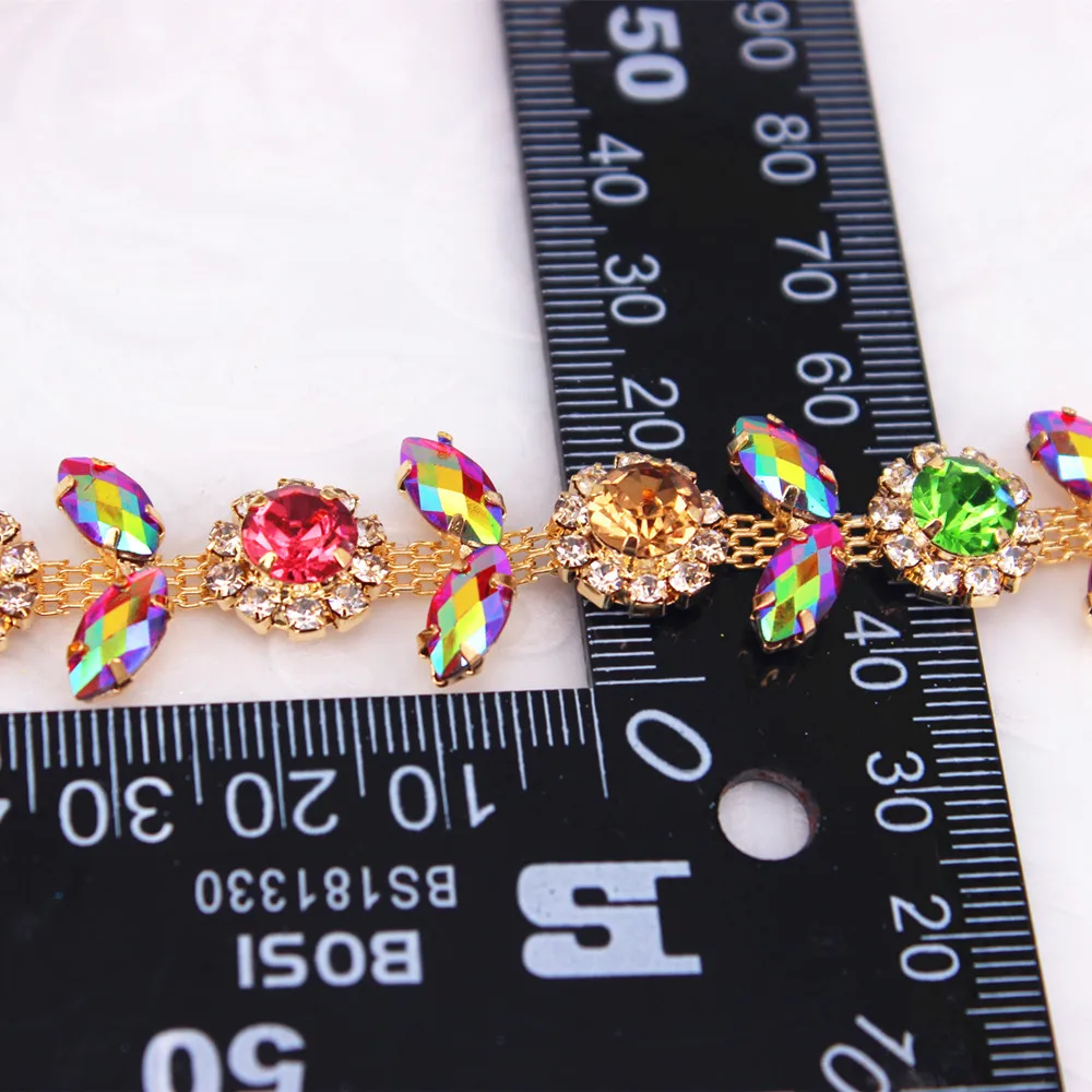 1 Yard Rhinestone Cup Chain Trimming Bride Bridal wedding dress belt fancy crystal decoration chain trim AB Gold crystal chain