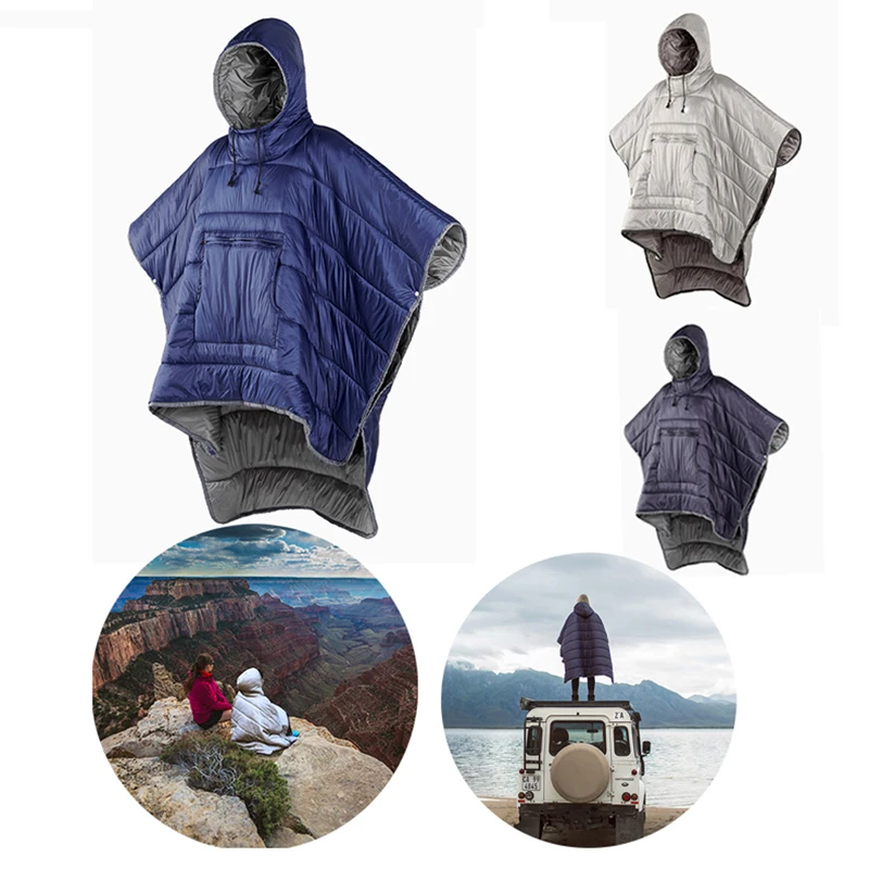 Winter Poncho Coat Outdoor Camping Warmth Small Quilt Blanket Water-resisitant Sleeping Bag Cloak Cape With Hat For Adult