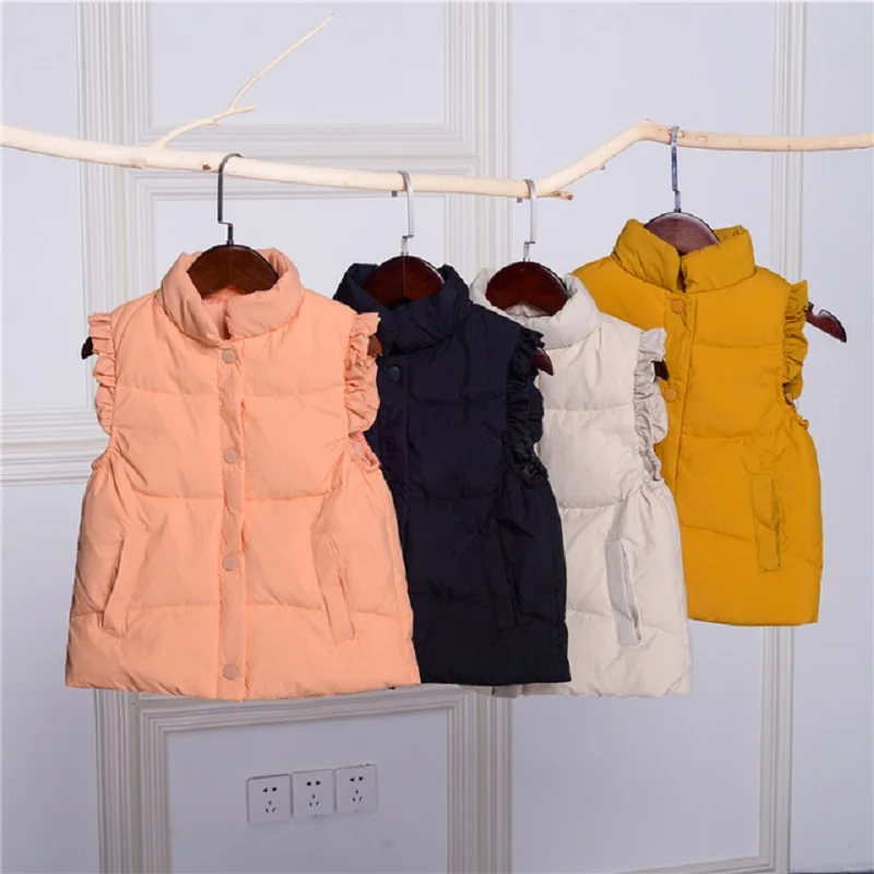 Winter Baby and Girls Ruffled Sleeves Single-Breasted Puffer Vest Jackets School Kids Down Waistcoat Child Outfit Tops 2-10 Yr