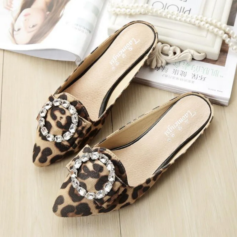 Taomengsi Women's Shoes Casual Diamond Leopard Sandals Baotou Lazy Slippers Pointed Wrapping Purple Color Flat Shoes