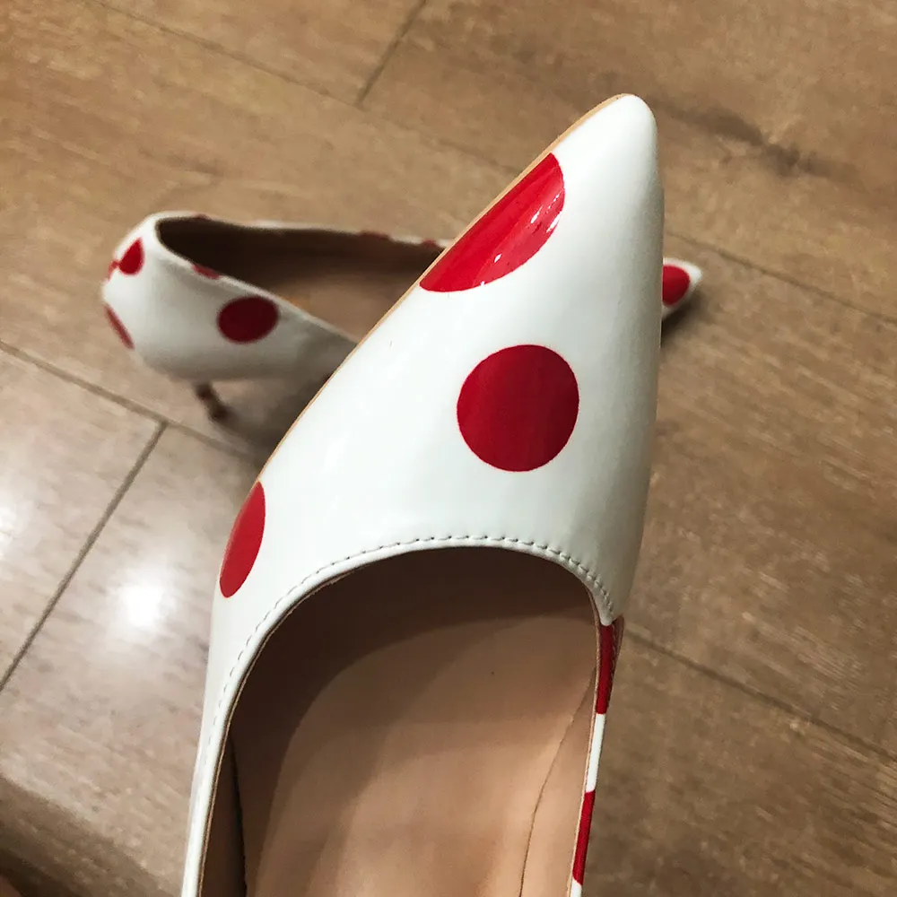 Veowalk Red Polka Dot Women Patent Leather Pointy Toe Stiletto High Heels Chic OL Ladies Slip On Pumps Printed Party Shoes White