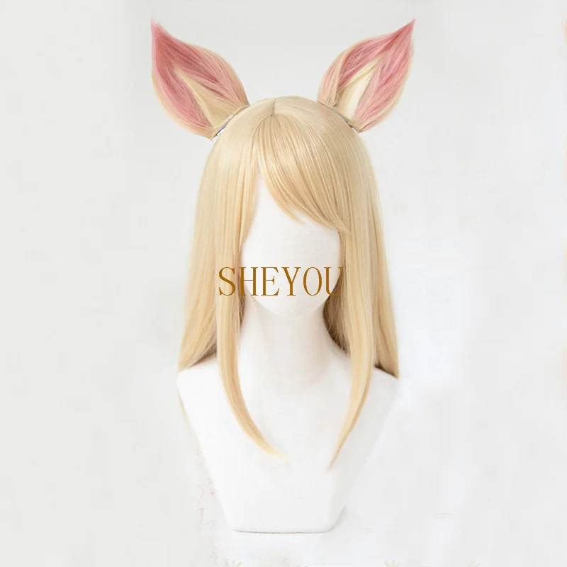 LOL K/DA Ahri Cosplay Wigs With Ears KDA Ahri 80cm Long Blonde Heat Resistant Cosplay Hair Wigs + Wig Cap