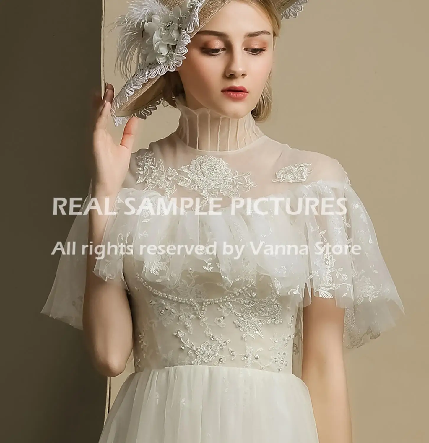 Robe de Mariée Vintage en Tulle, Col Haut, Dentelle Victorienne, Dos Icide, Sur Mesure, Jardin de Campagne, Vraies Photos, Patients Glamour, Quelle que soit